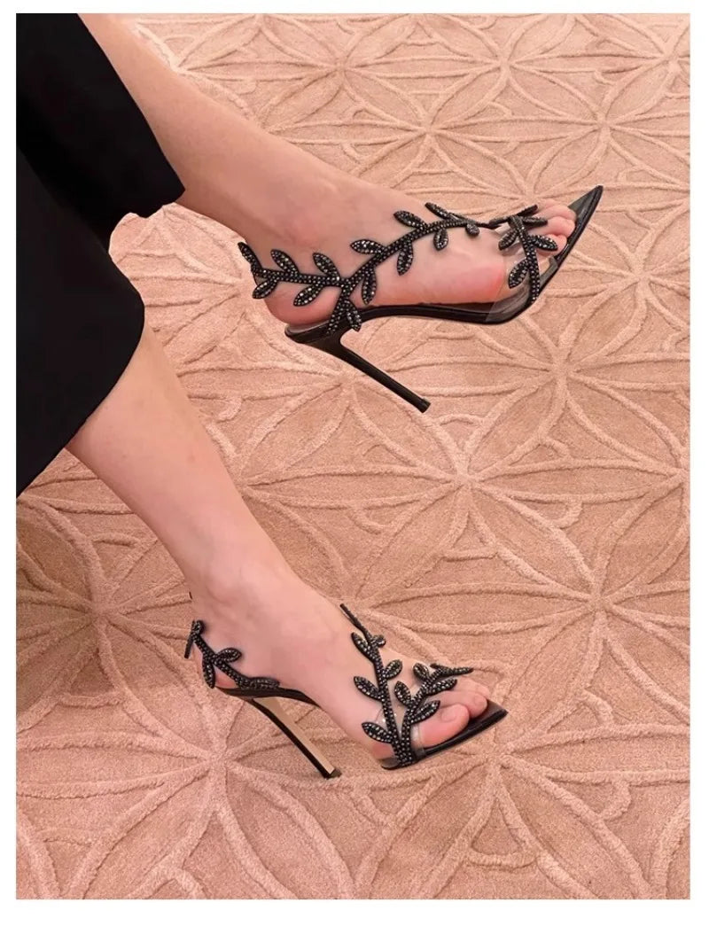 Summer Crystal Rhinestone Leaf High Heels Sandals