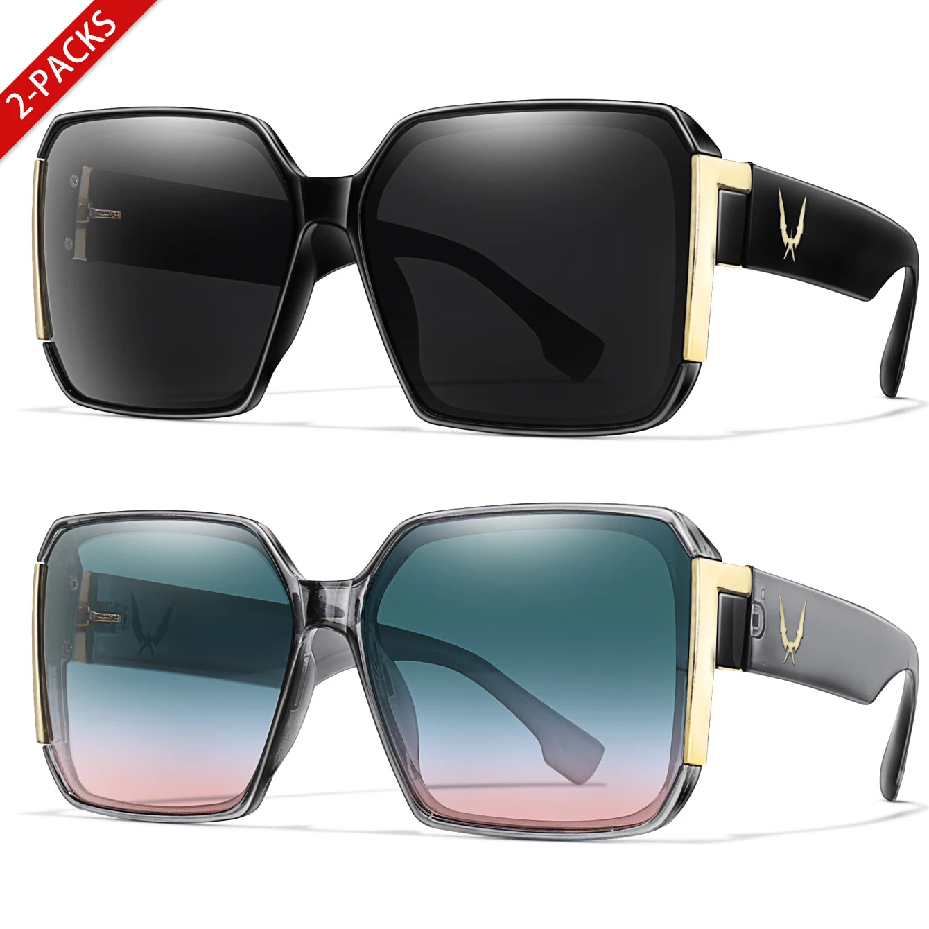 Elegant 2 Packs Unisex Square Sunglasses With UV Protection