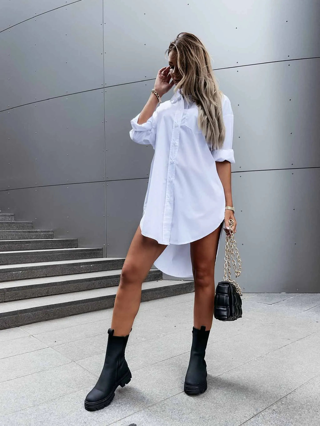 Women’s Solid Color Button Front Shirt Dress