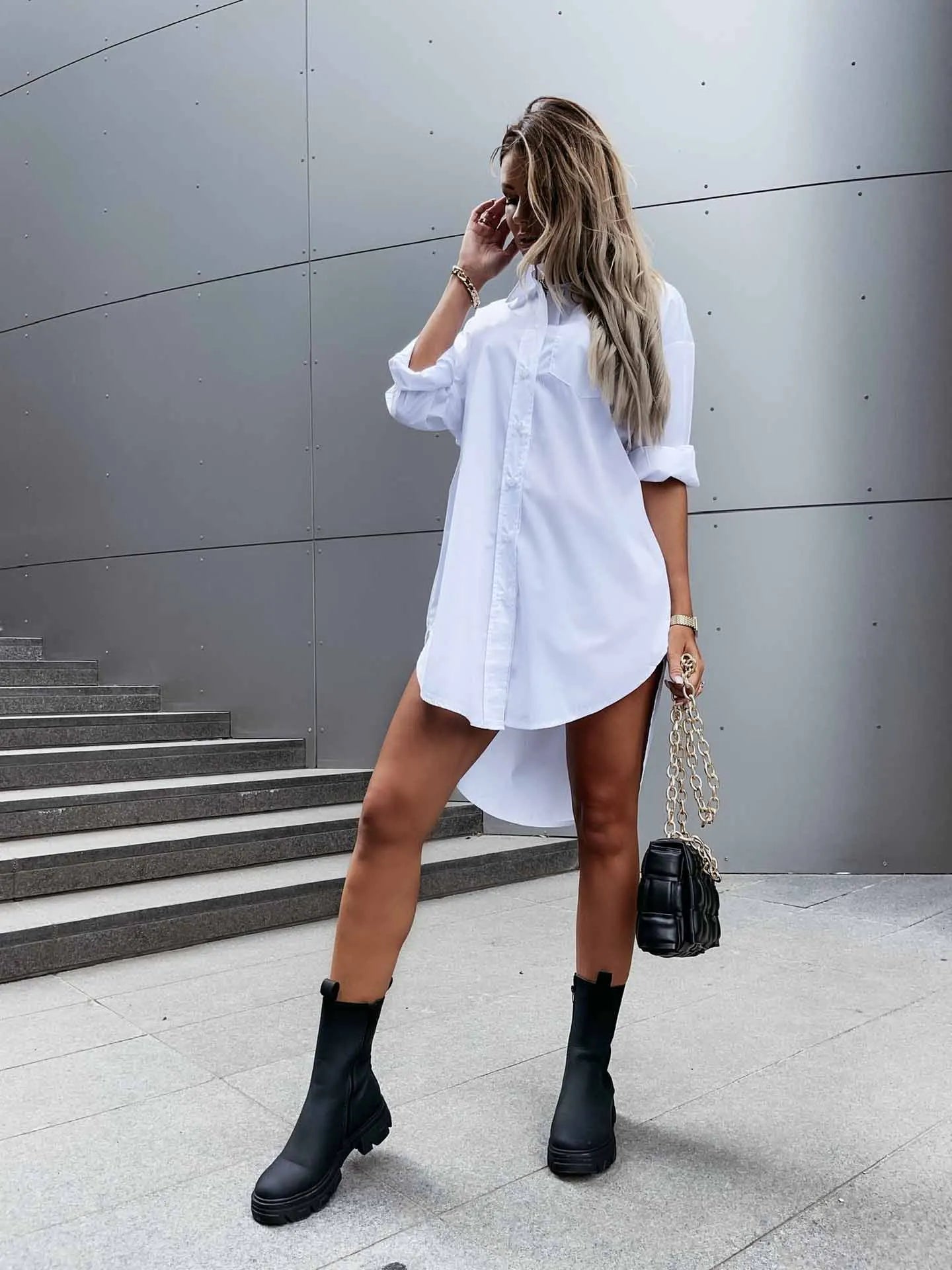 Women’s Solid Color Button Front Shirt Dress