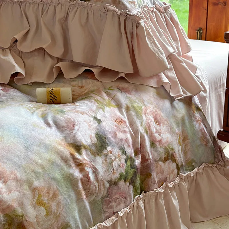 Luxurious  Chic Vintage Rose French Ruffle Fringe Bedding Set 100% Cotton