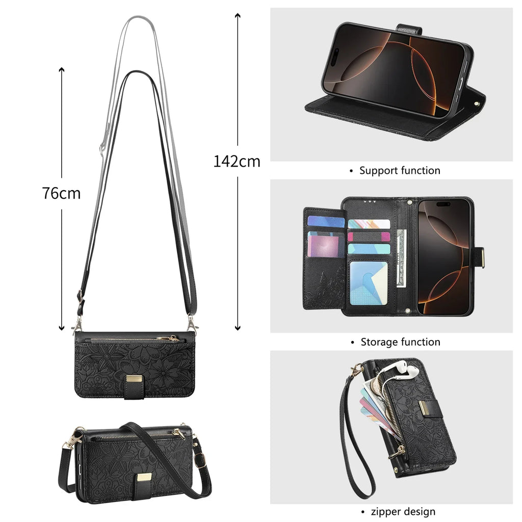 Leather Zipper Wallet Crossbody iPhone Case