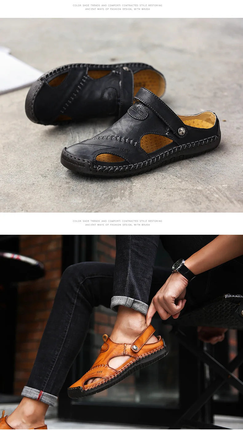 Men’s Premium Leather Sandals – Breathable Slip-On