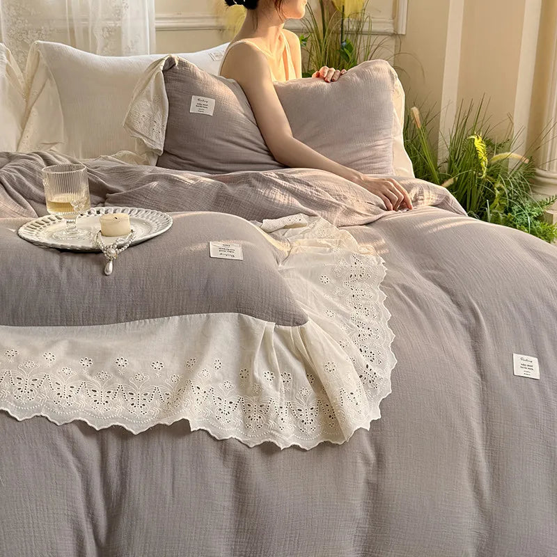 Elegant Wide Lace Solid Bedding Set