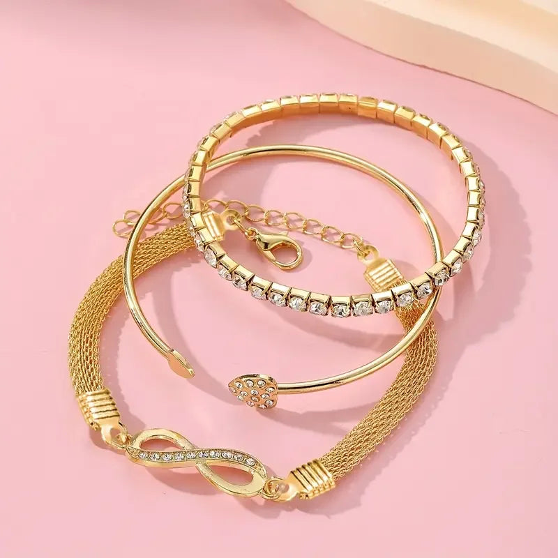 3pcs/Set Vintage Crystal Rhinestone Heart Bracelets