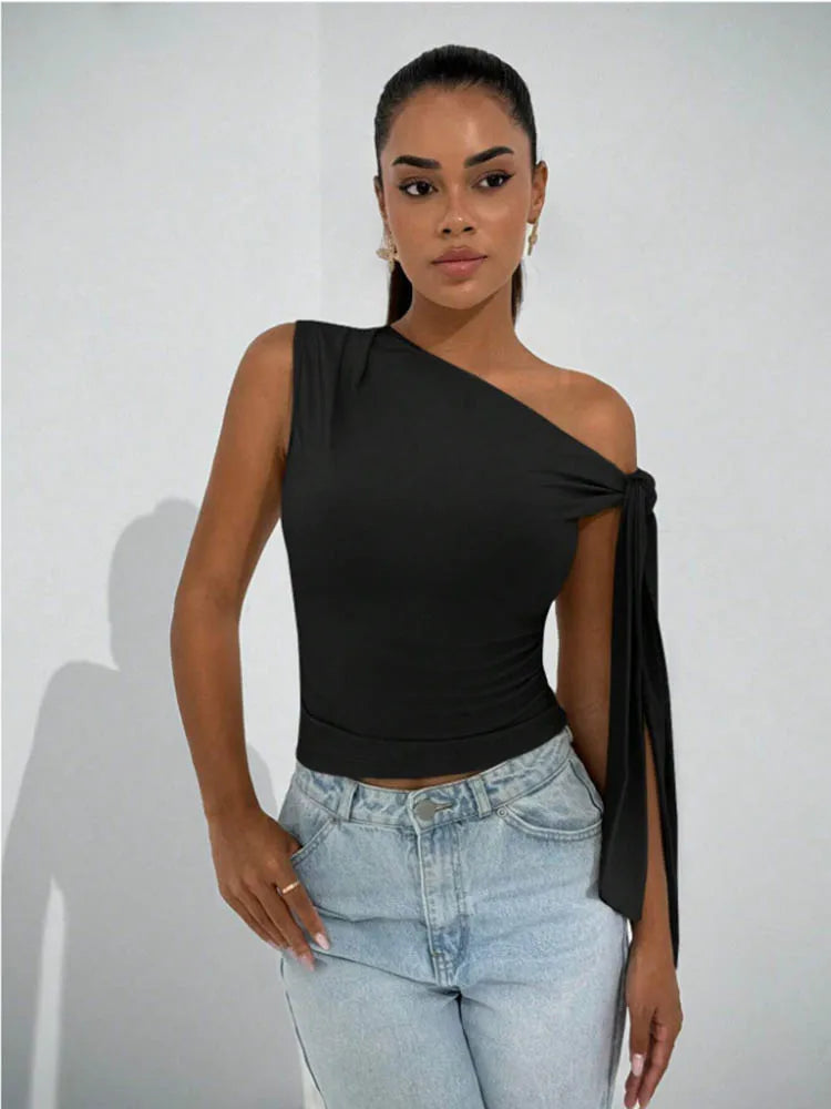 Women’s Elegant Sleeveless Slim Fit Top with Knot Necktie