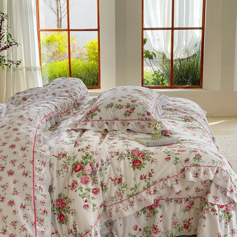 Elegant Ruffle Elegant Vintage Floral Bedding Set 100% Cotton