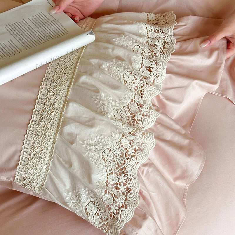 Elegant French Lace Ruffle Bedding Set 100% Cotton