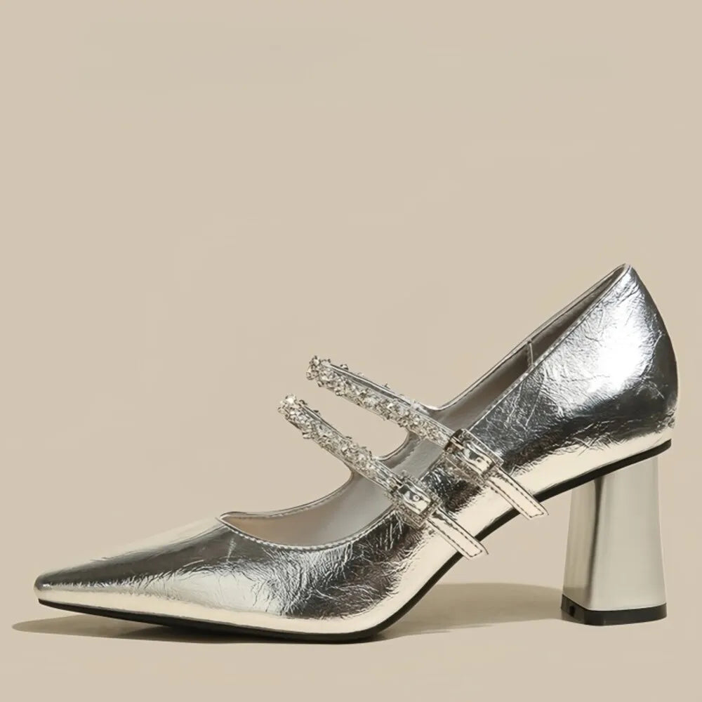 Women’s Rhinestone Double Buckle Pointed Toe High Heel Pumps