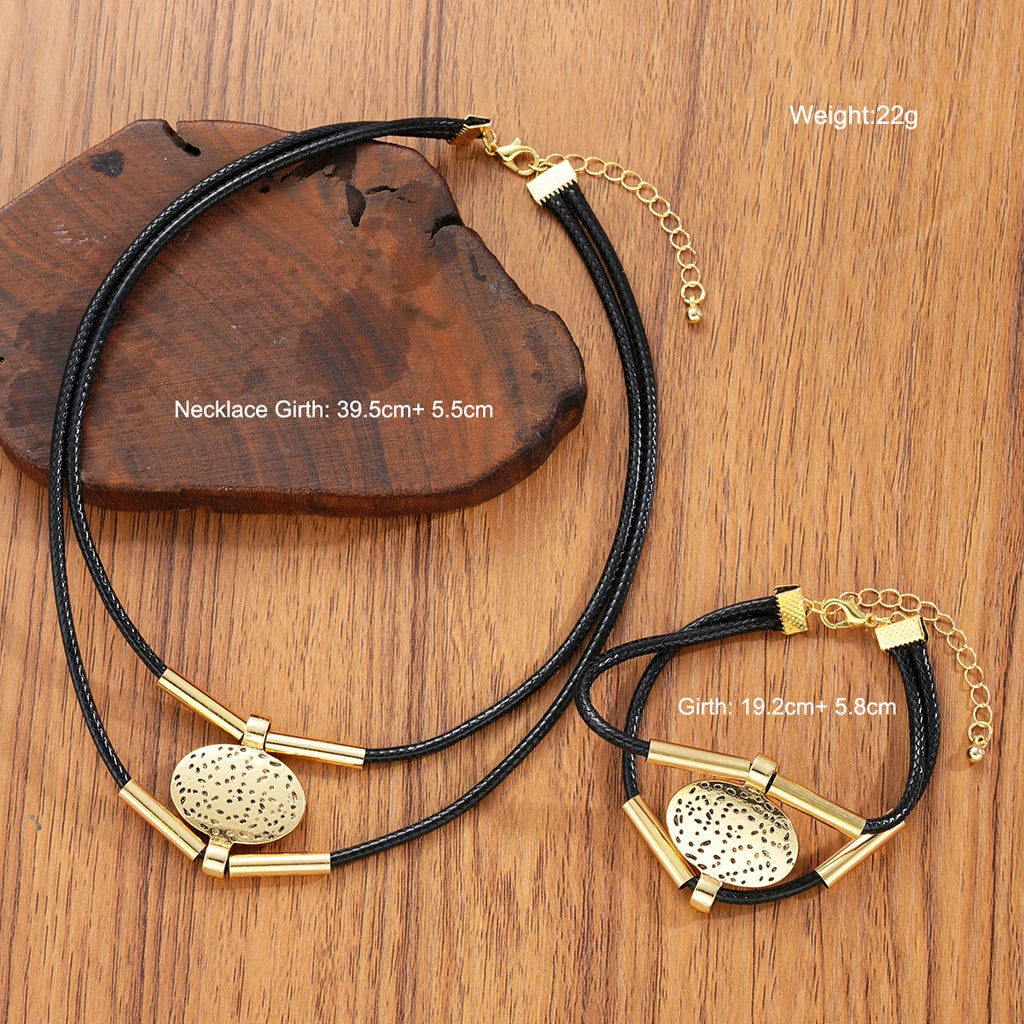 Vintage Oval Metal Faux Leather Necklace Bracelet Jewelry Set