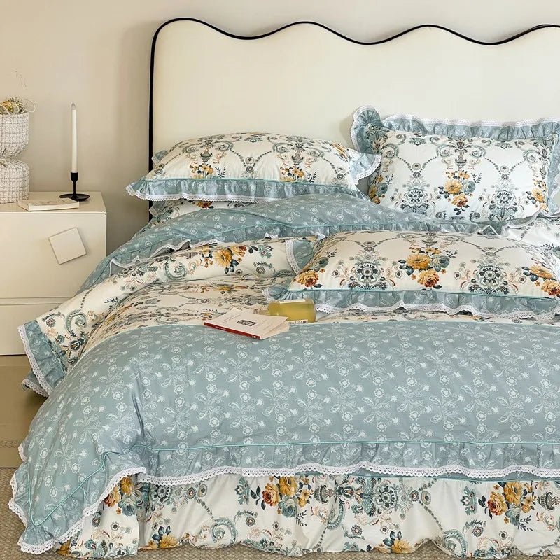 Elegant Ruffle Elegant Vintage Floral Bedding Set 100% Cotton
