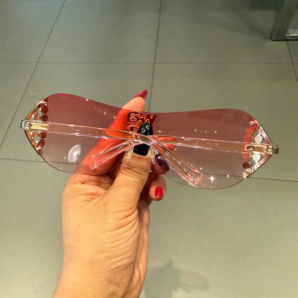 Rimless Women's Sunglasses with Rhinestone Letters