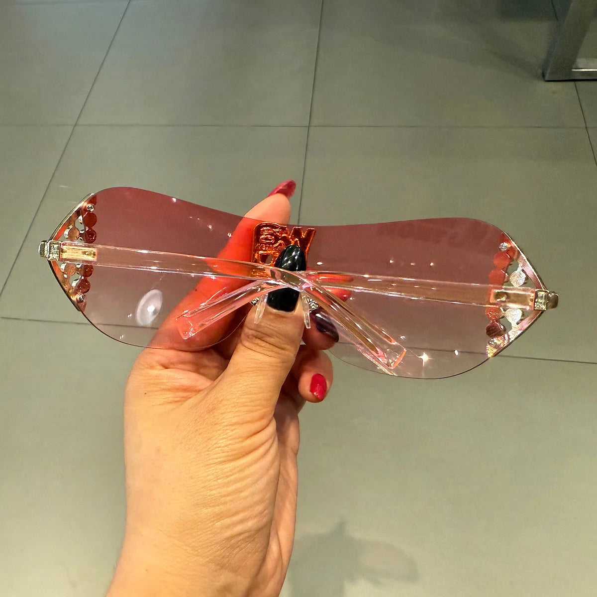 Rimless Women's Sunglasses with Rhinestone Letters