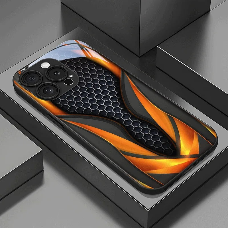 Black Orange Honeycomb Pattern Tempered Glass Phone Case for iPhone
