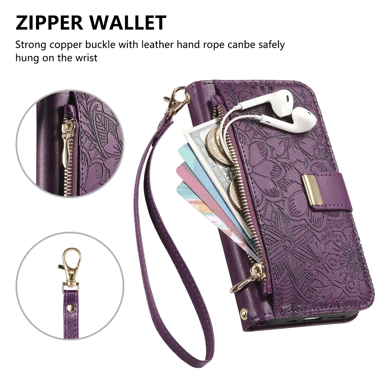 Leather Zipper Wallet Crossbody iPhone Case