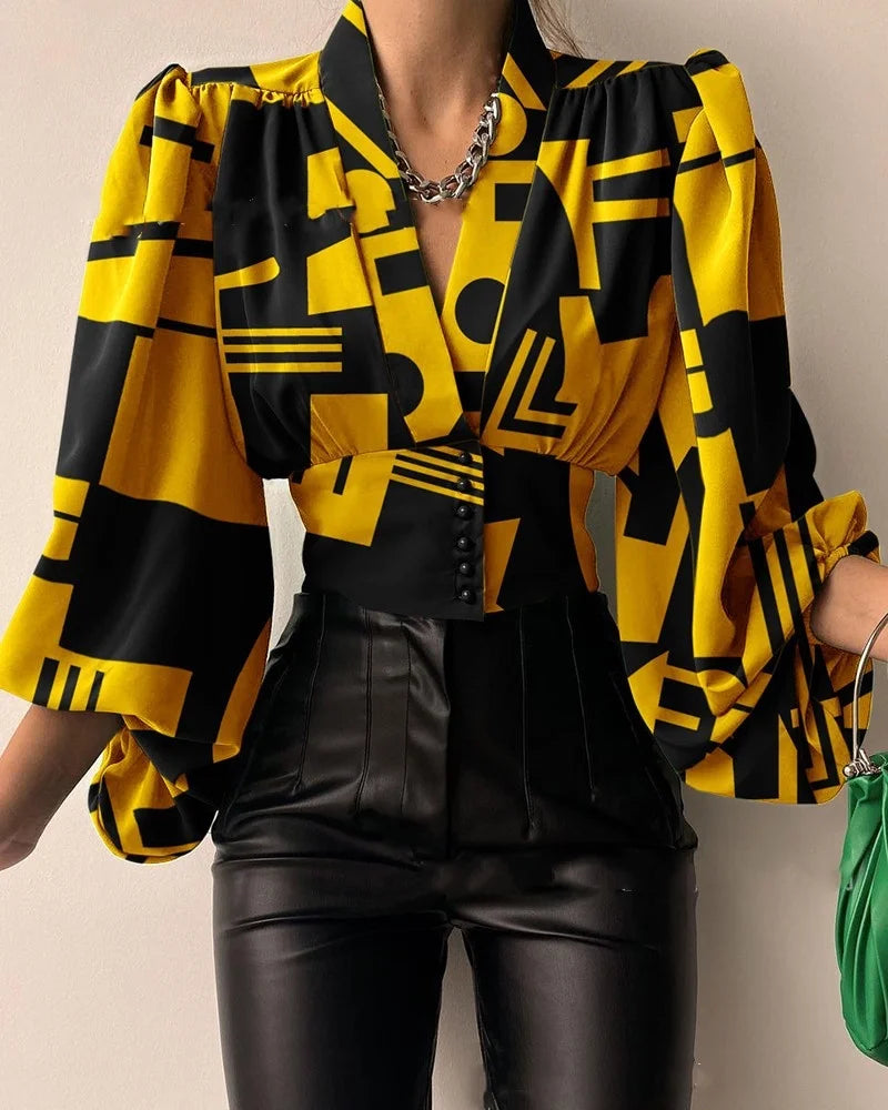 Elegant Lantern Long Sleeve  V-neck Blouse