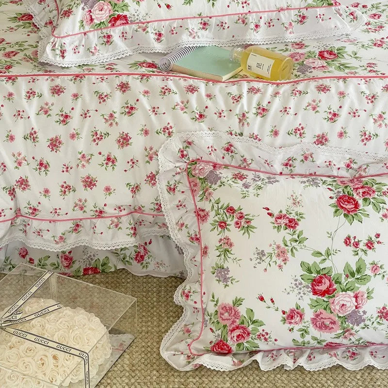 Elegant Ruffle Elegant Vintage Floral Bedding Set 100% Cotton