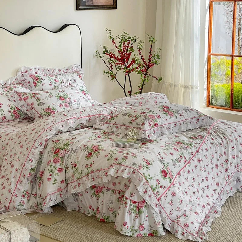 Elegant Ruffle Elegant Vintage Floral Bedding Set 100% Cotton