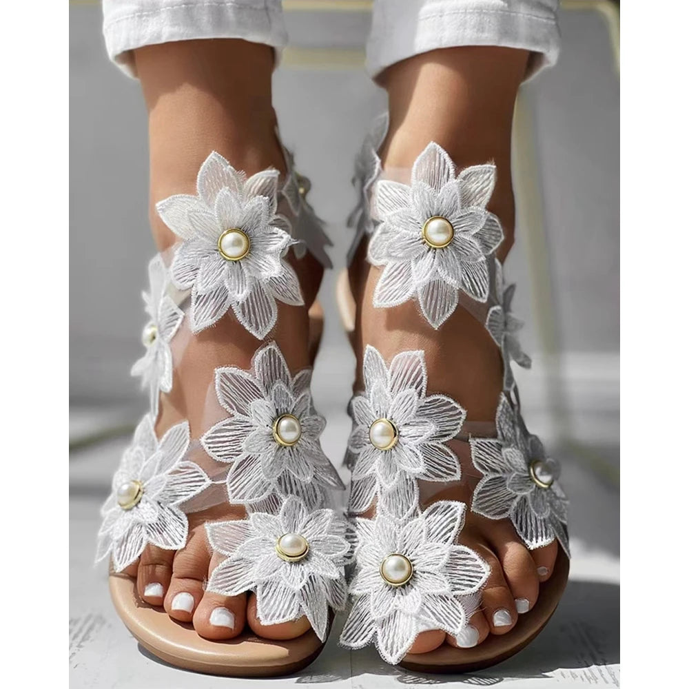 Beautiful Summer Ring Flower Flat Sandals