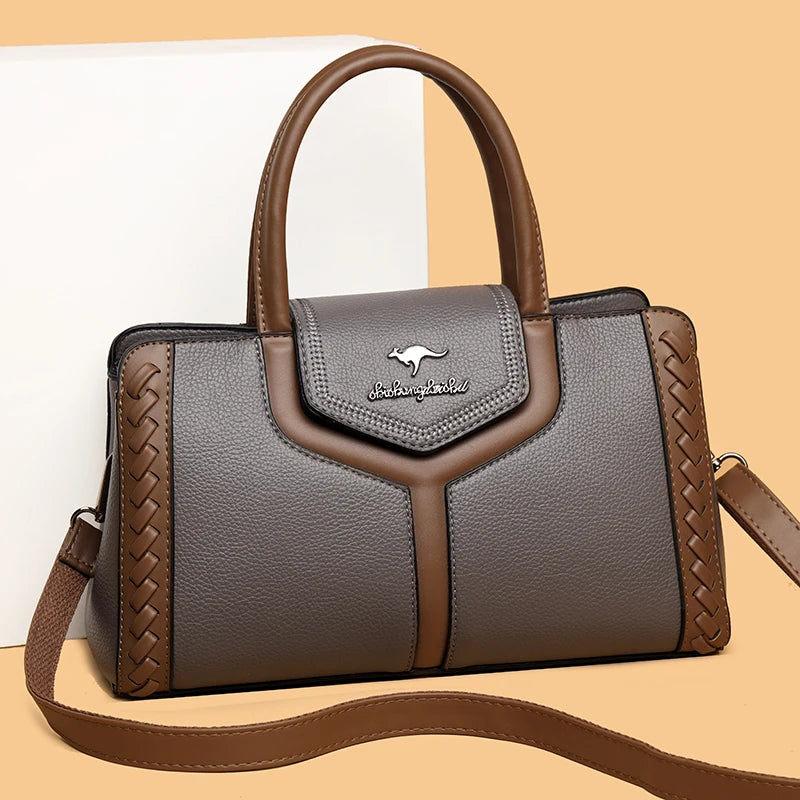 Two Color Genuine Soft Leather 3-layer Top-Handle Bag