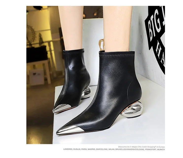 Metal Pointed Toes Ankle  Boots With Hollow Heel Iron Head