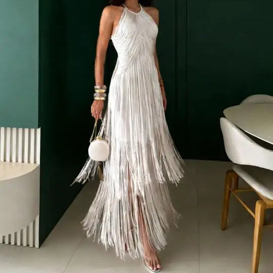 Women 2026 Spring Summer Solid Color Halter Tassel Long Dress