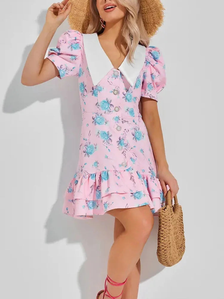 Women’s Floral Mini Dress Short Sleeve Lapel Style