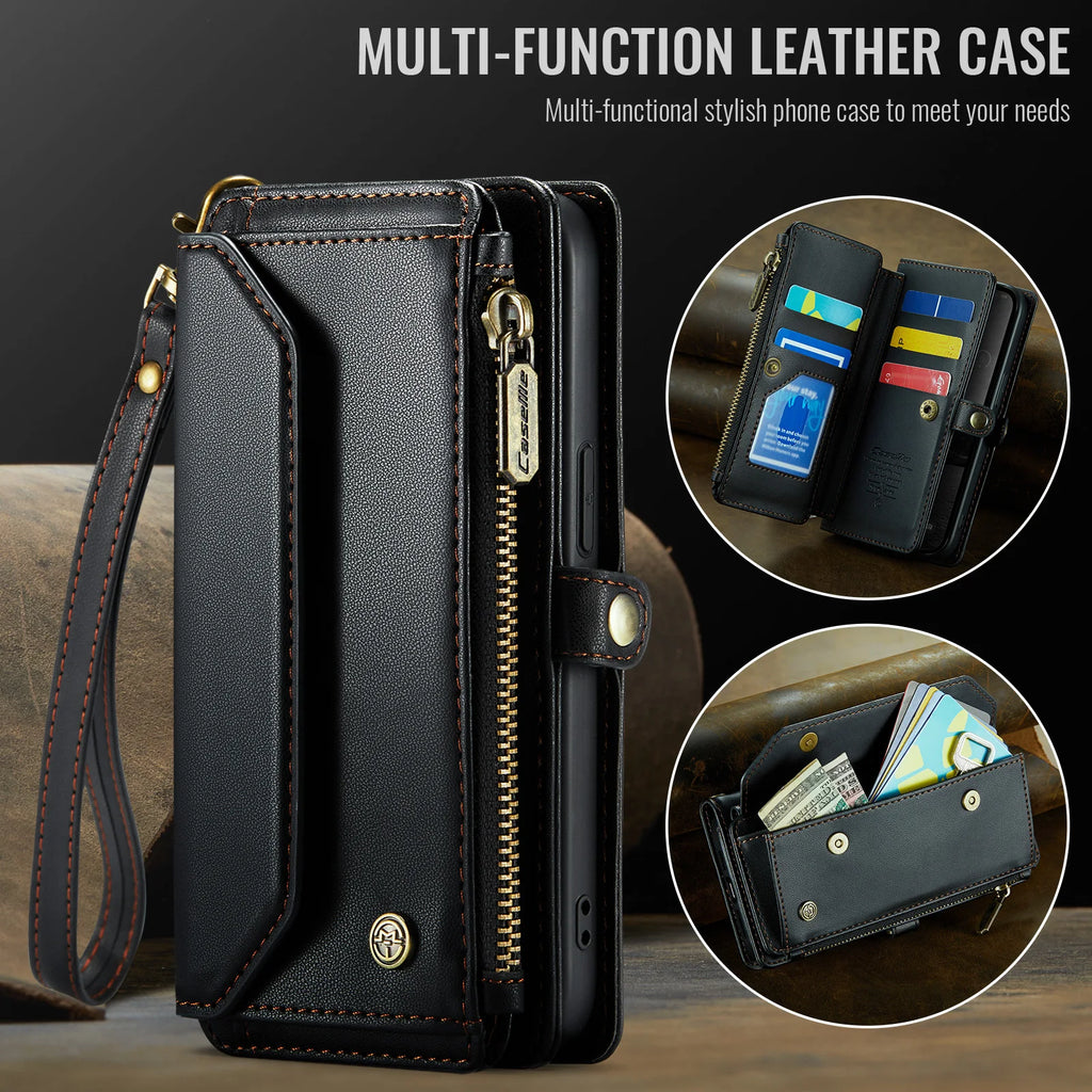 Leather Strap Zipper Card Holder Phone Wallet  Case for iPhone