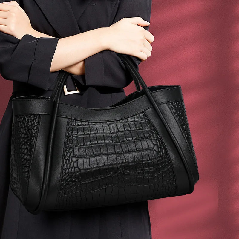 Oversized Crocodile Pattern Leather Tote Shoulder Bag