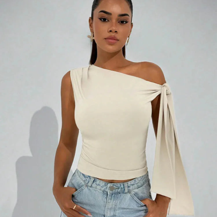 Women’s Elegant Sleeveless Slim Fit Top with Knot Necktie