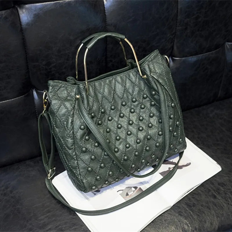 Soft Black Genuine Leather Rivet Large Handbag