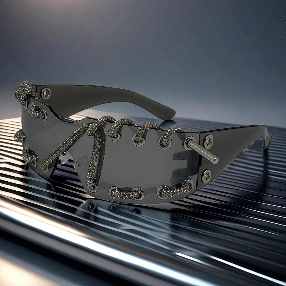 Frameless Crystal Chain One-Piece Sunglasses