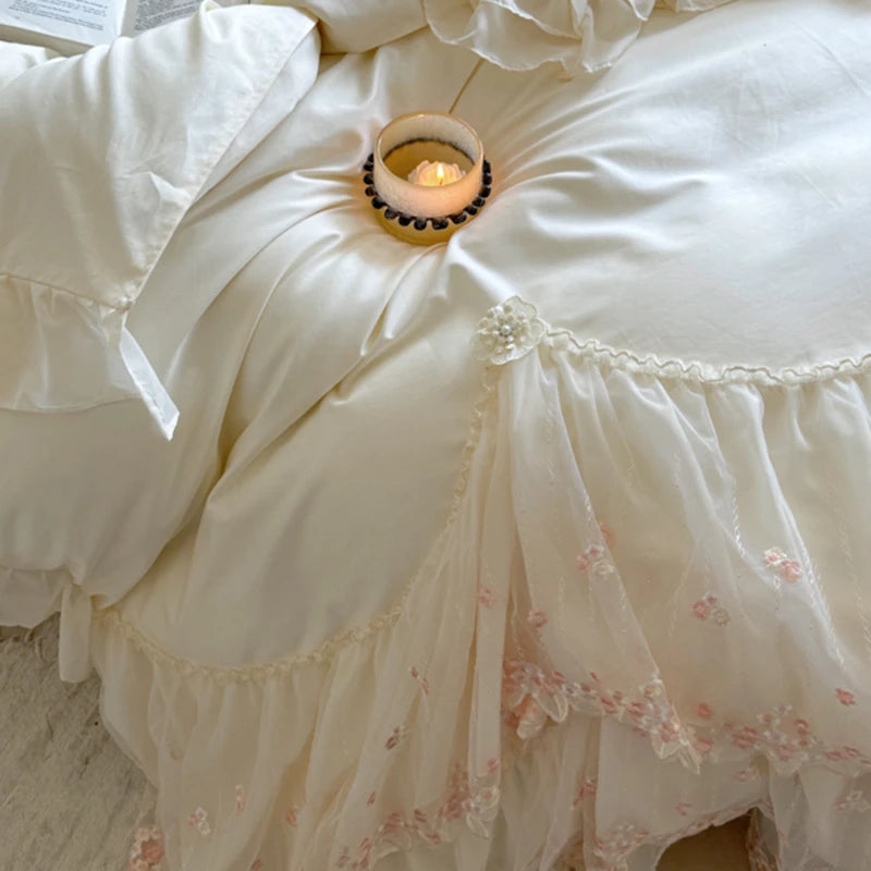 Elegant White/Pink Lace Ruffle Egyptian Cotton Bedding Set