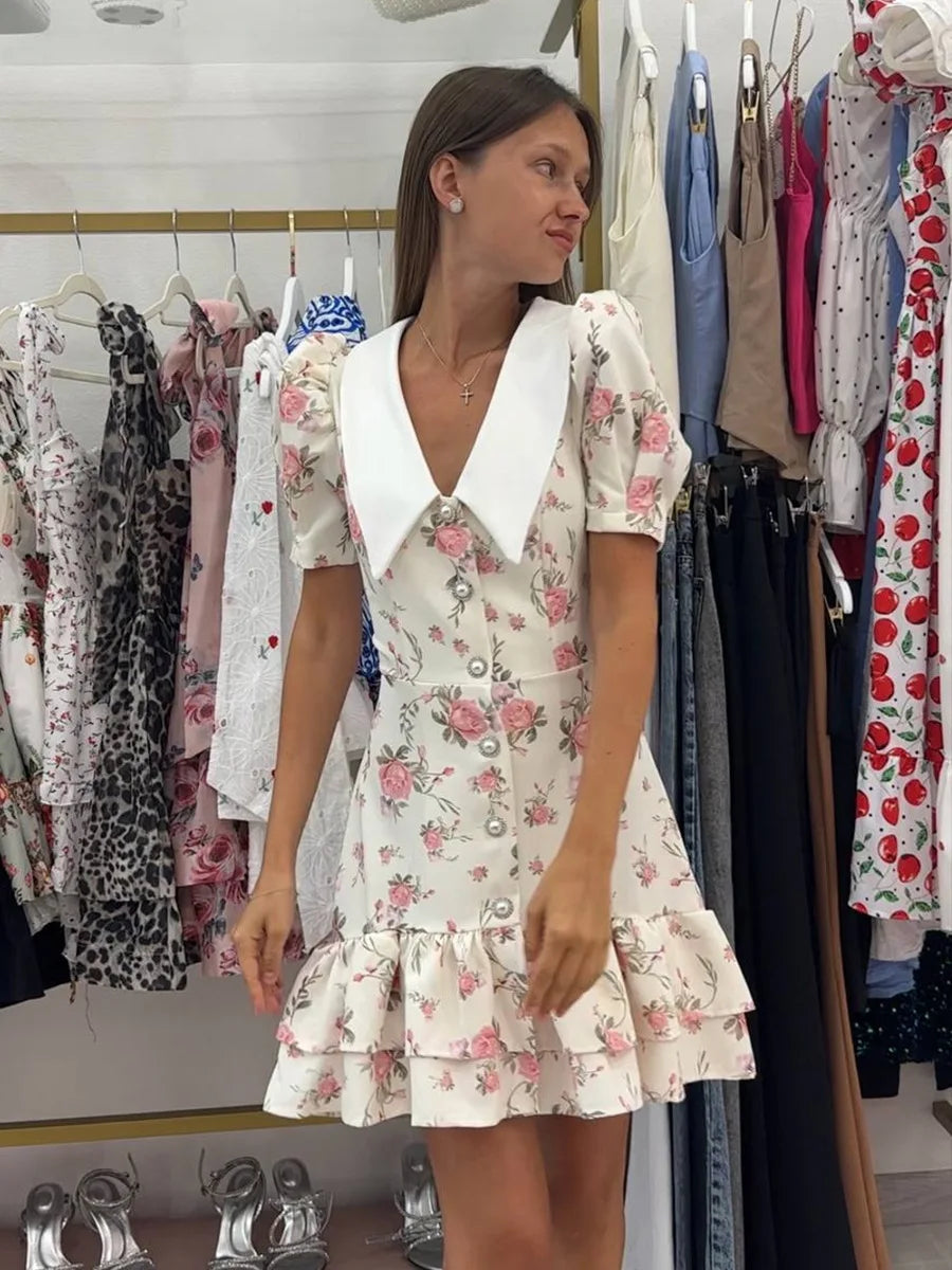 Women’s Floral Mini Dress Short Sleeve Lapel Style