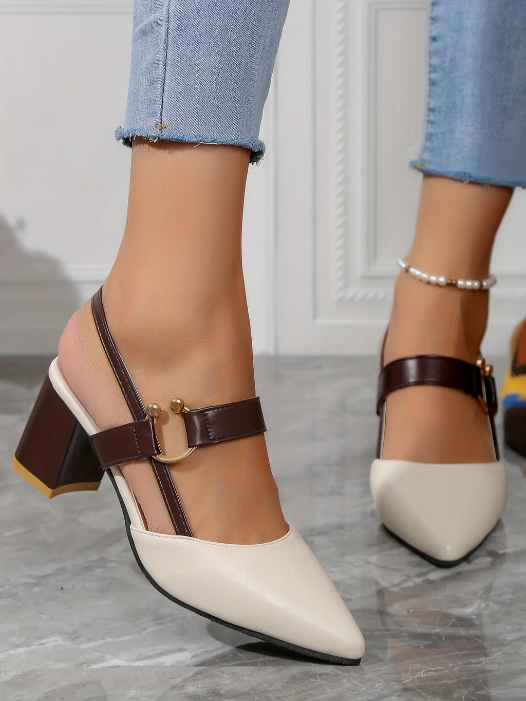 Two-Color Pointed Toe Block Sandals