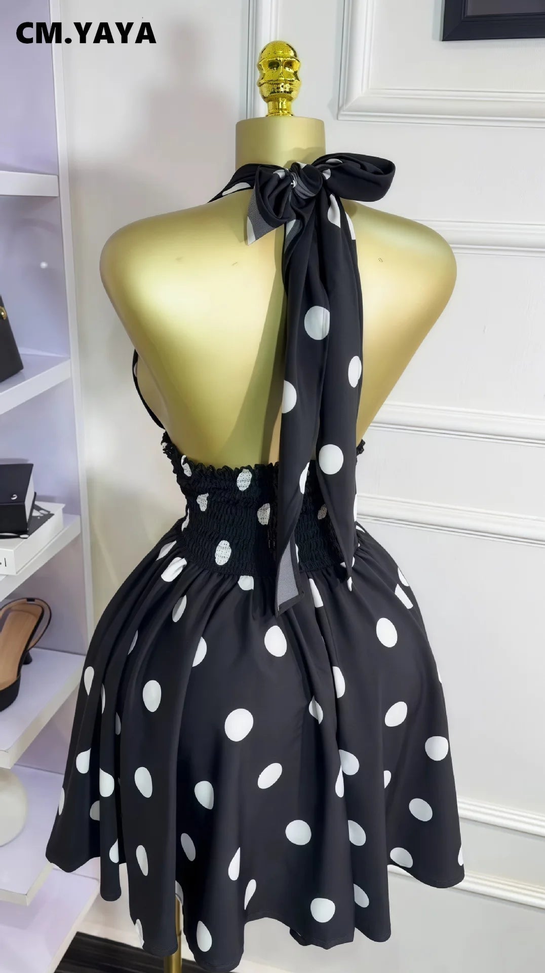 Women’s Polka Dot Sleeveless Halter V-Neck A-Line Mini Dress