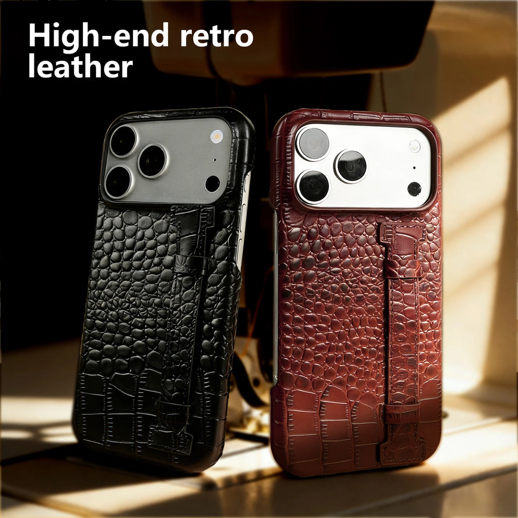 Genuine Leather Case with Wrist Strap & Kickstand for iPhone