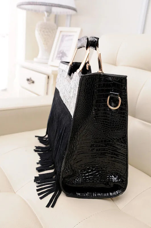 Genuine Tote Leather Handbag With Tassel Rhinestone