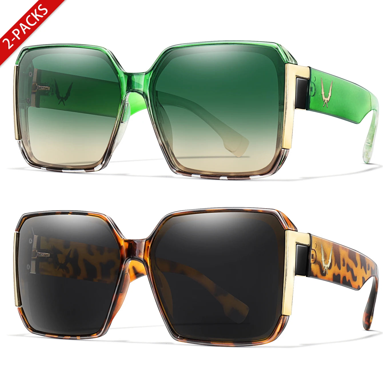 Elegant 2 Packs Unisex Square Sunglasses With UV Protection