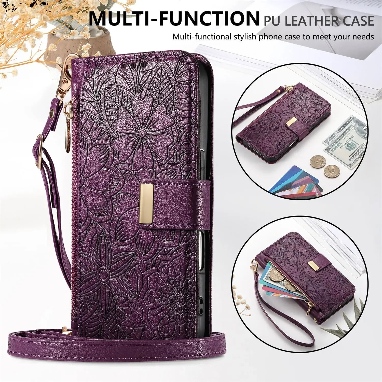 Leather Zipper Wallet Crossbody iPhone Case
