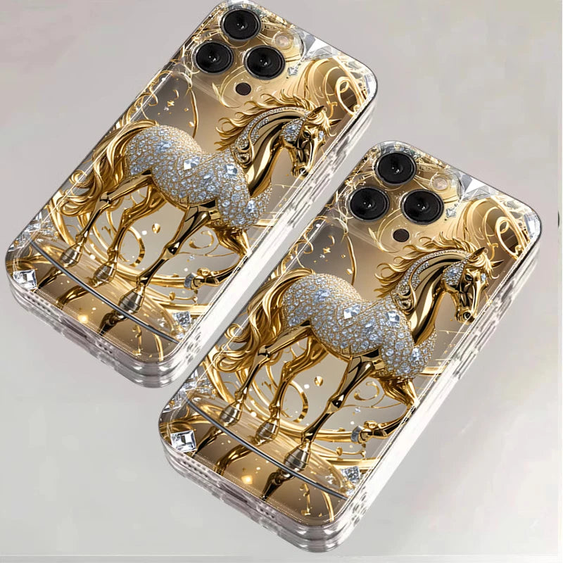 Golden Horse Diamond Printed Phone Case For iPhone