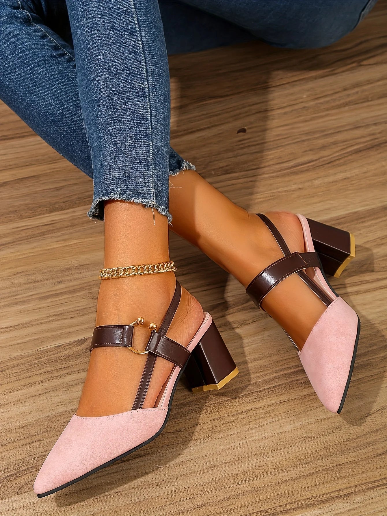 Two-Color Pointed Toe Block Sandals