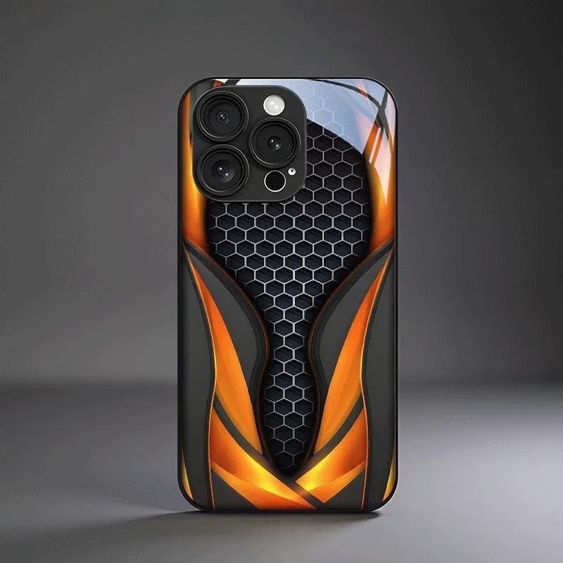 Black Orange Honeycomb Pattern Tempered Glass Phone Case for iPhone