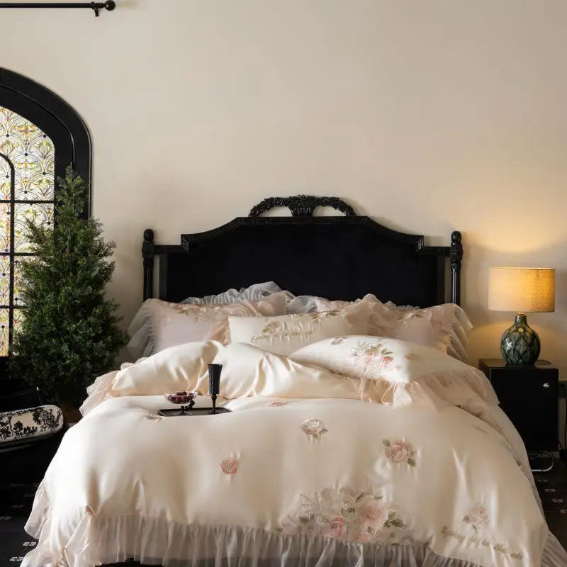 Beautiful Flowers Embroidery Ruffle Bedding Set 100% Cotton