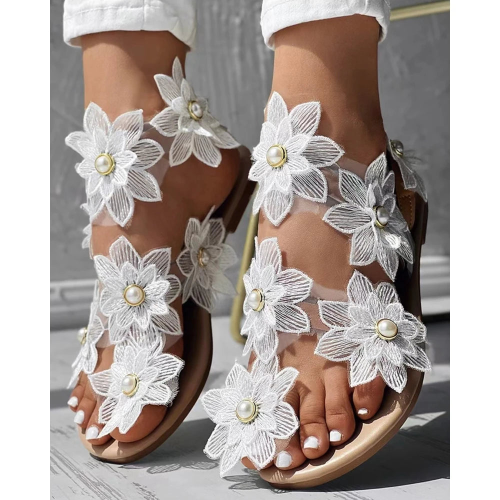 Beautiful Summer Ring Flower Flat Sandals
