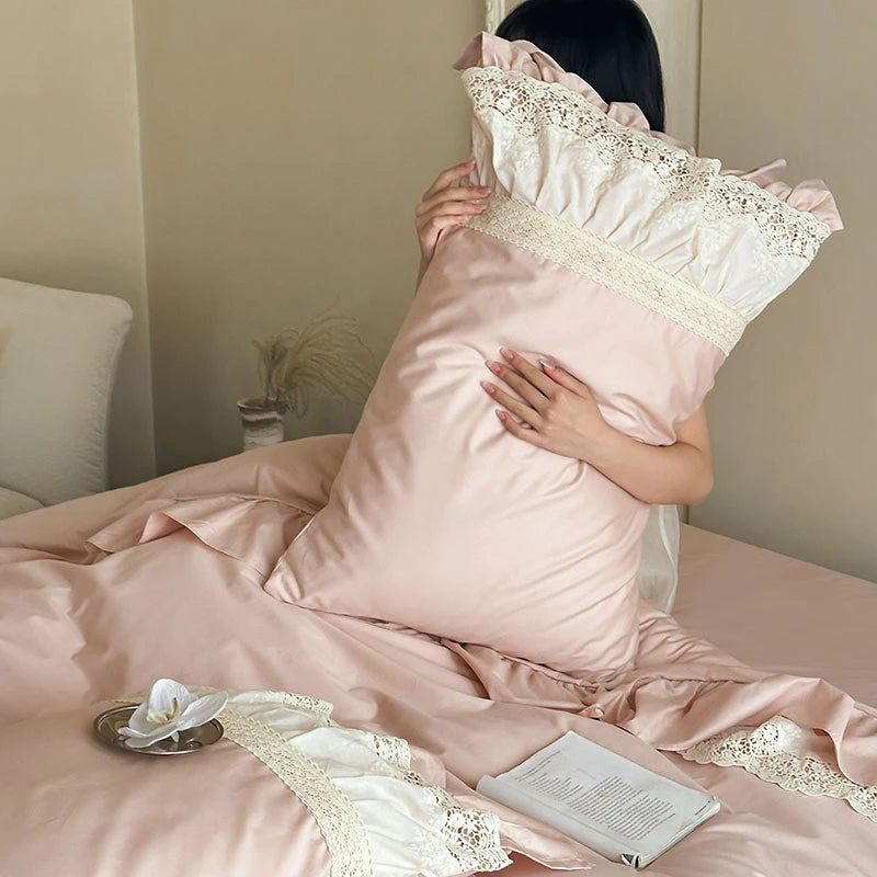 Elegant French Lace Ruffle Bedding Set 100% Cotton