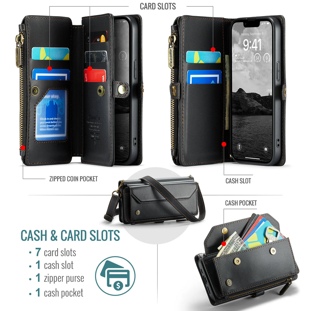 Leather Strap Zipper Card Holder Phone Wallet  Case for iPhone