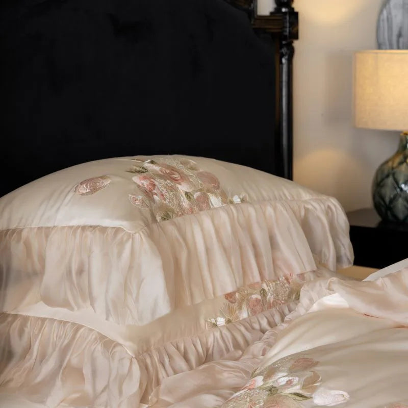 Beautiful Flowers Embroidery Ruffle Bedding Set 100% Cotton