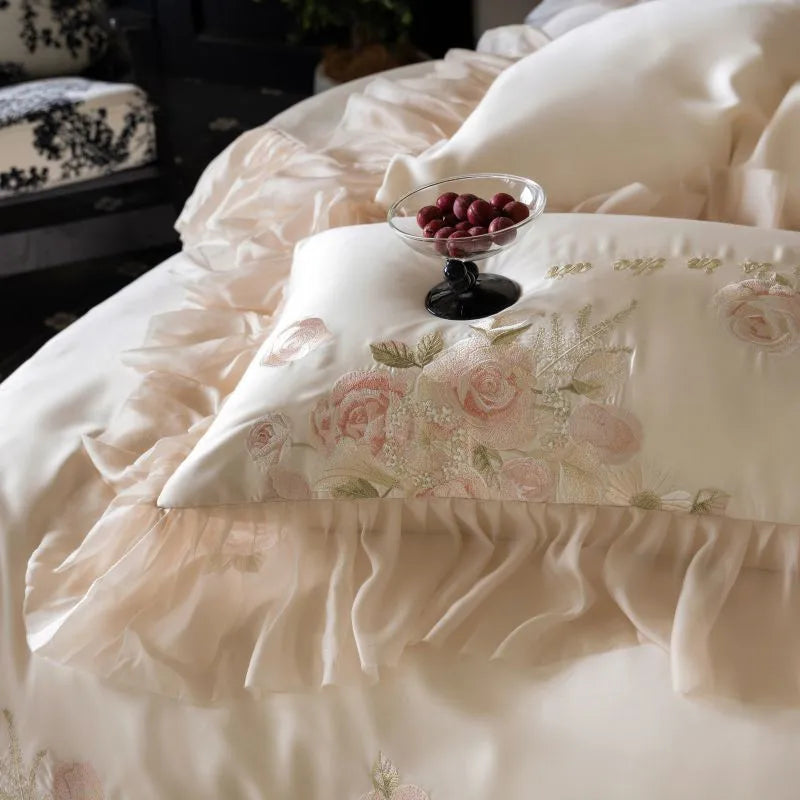 Beautiful Flowers Embroidery Ruffle Bedding Set 100% Cotton