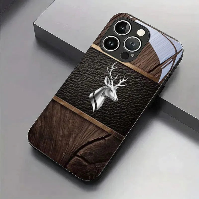 Tempered Glass Deer Head Case for iPhone – Curved Luxury Black Phone Cover